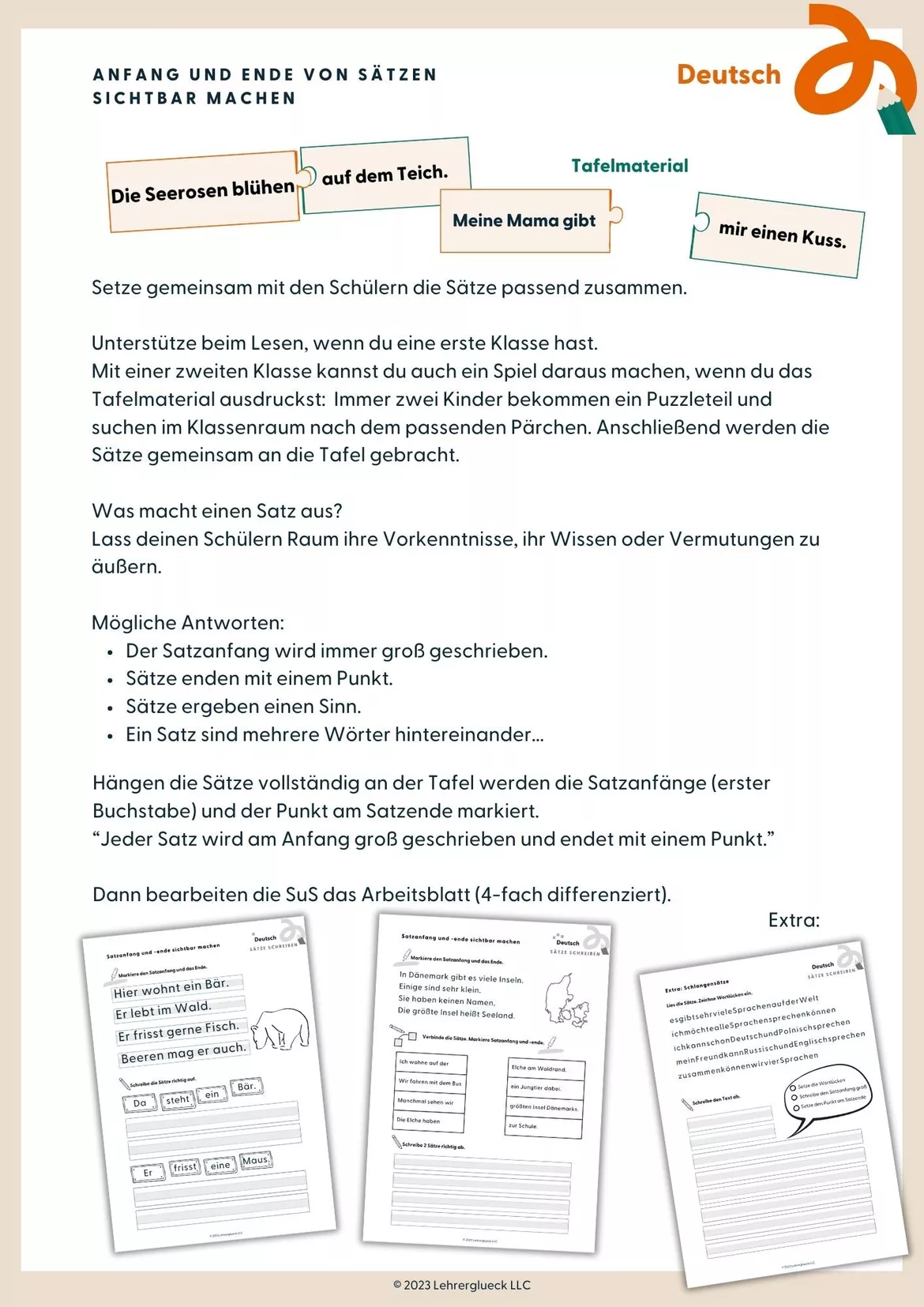Bild in der Beschreibung des Unterrichtsmaterials Sätze schreiben- Anfang und Ende von Sätzen sichtbar machen von Lehrerglück #1