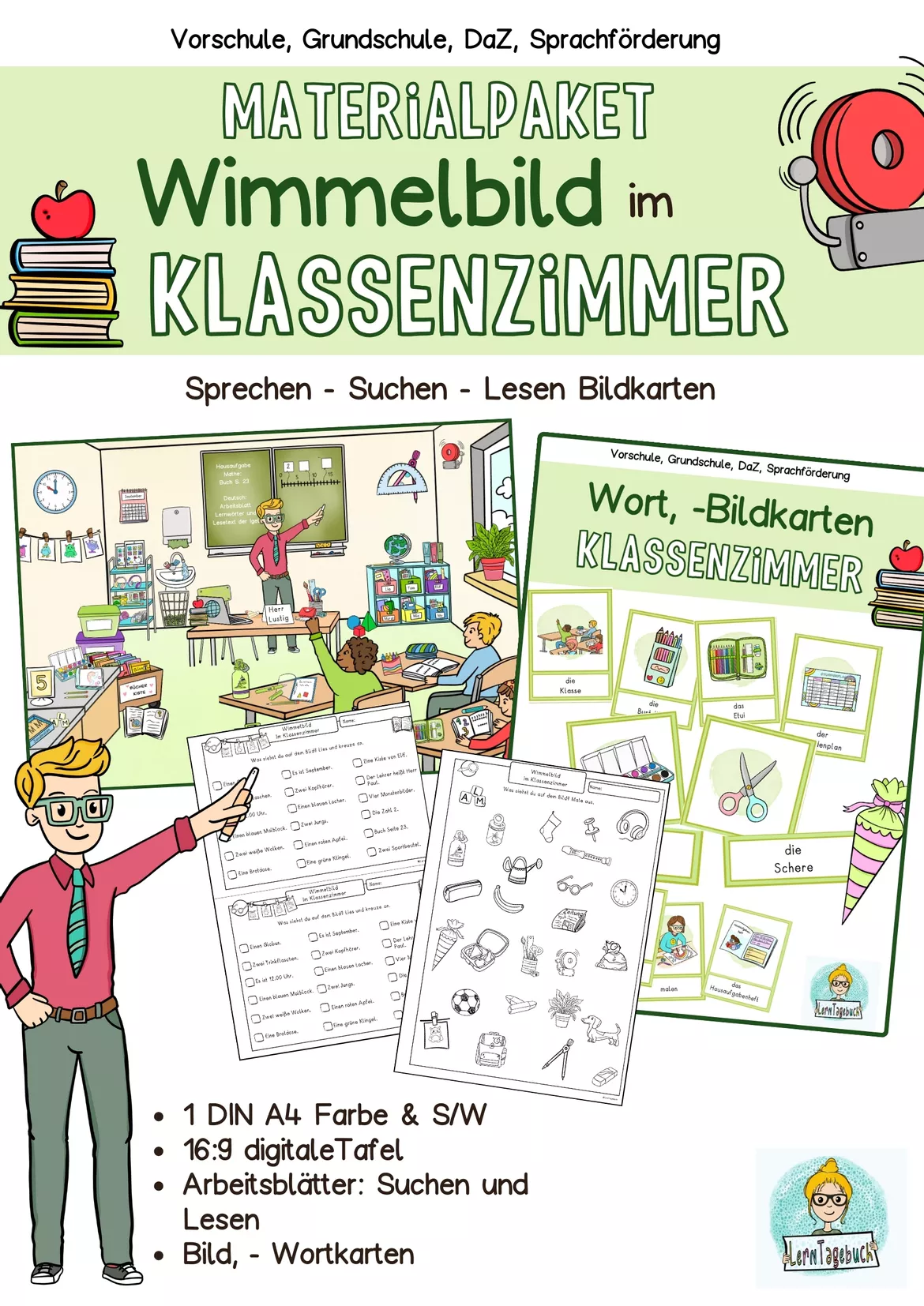 Bild in der Beschreibung des Unterrichtsmaterials Materialpaket Wimmelbild und Wort,-Bildkarten Schule, Klassenzimmer von LernTagebuch #1