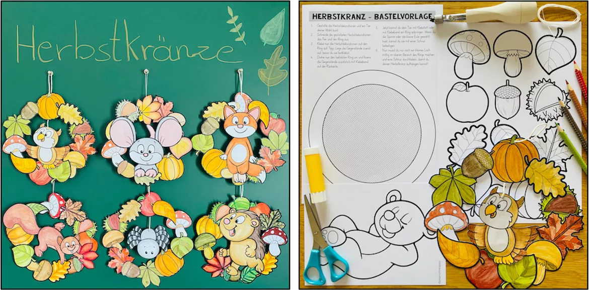 Bild in der Beschreibung des Unterrichtsmaterials Herbst Basteln – Bastelvorlagen, Bastelprojekt, Herbstdeko, Klassendeko, Kunstunterricht, Herbstkranz, Malvorlagen, kreative Gestaltung | Bastelanleitung, Klasse 1, 2, 3, 4, Grundschule von Unterrichtmitspass #2