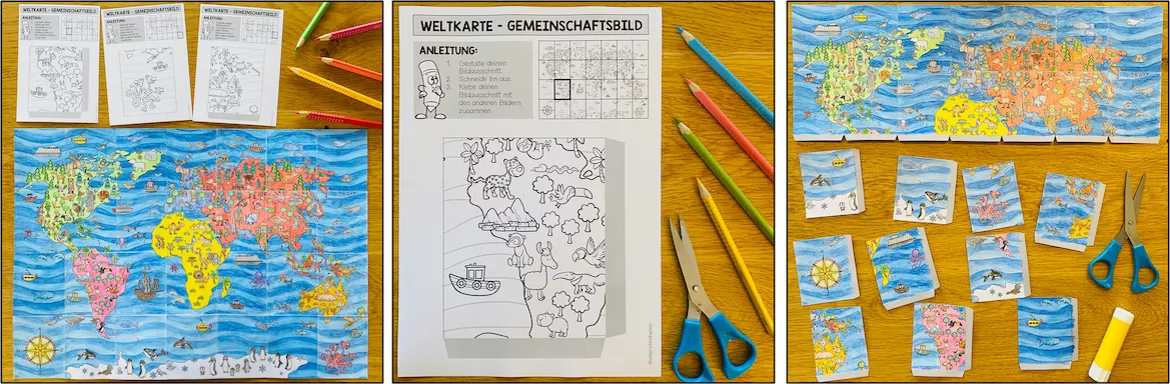 Bild in der Beschreibung des Unterrichtsmaterials Weltkarte – Kontinente und Ozeane | Gemeinschaftsbild und kooperatives Poster von Unterrichtmitspass #1