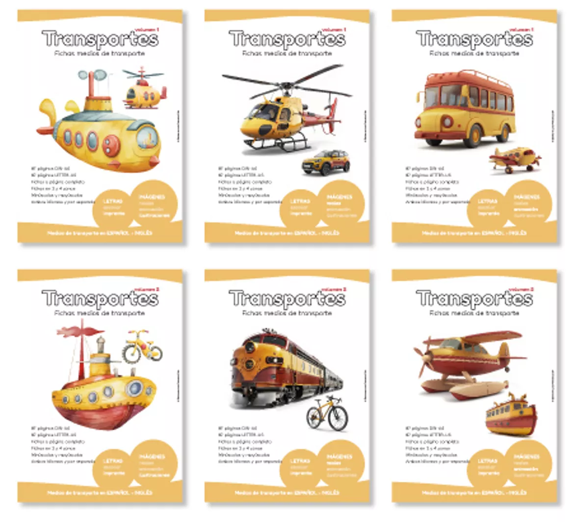 Bild in der Beschreibung des Unterrichtsmaterials PACK Fichas transportes LETRA IMPRENTA ES-EN von Lola Pirindola #1