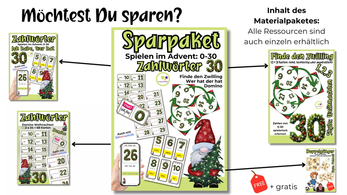 Bild in der Beschreibung des Unterrichtsmaterials Ich habe, wer hat | Weihnachten Zahlwörter Zahlenraum - 30 von Lernfitness #3