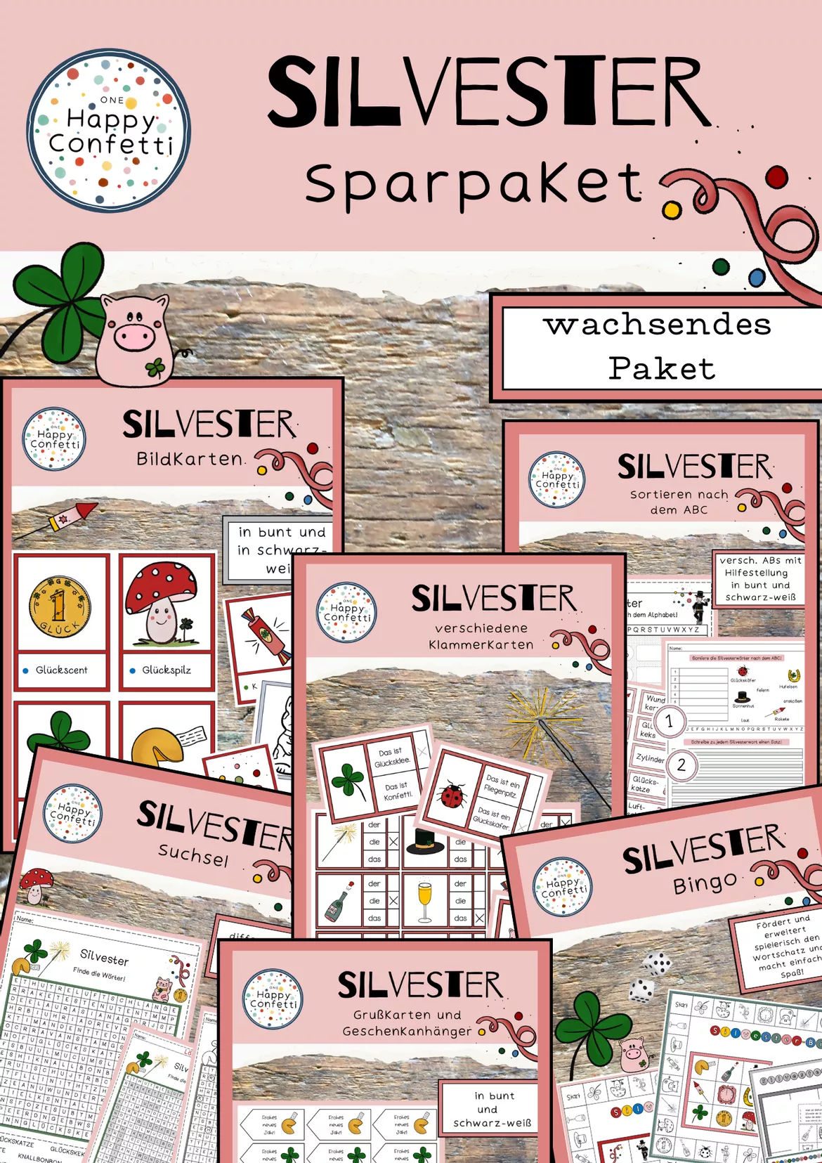 Bild in der Beschreibung des Unterrichtsmaterials Silvester Lese - Abschreibfächer 3-fach differenziert von One Happy Confetti #1