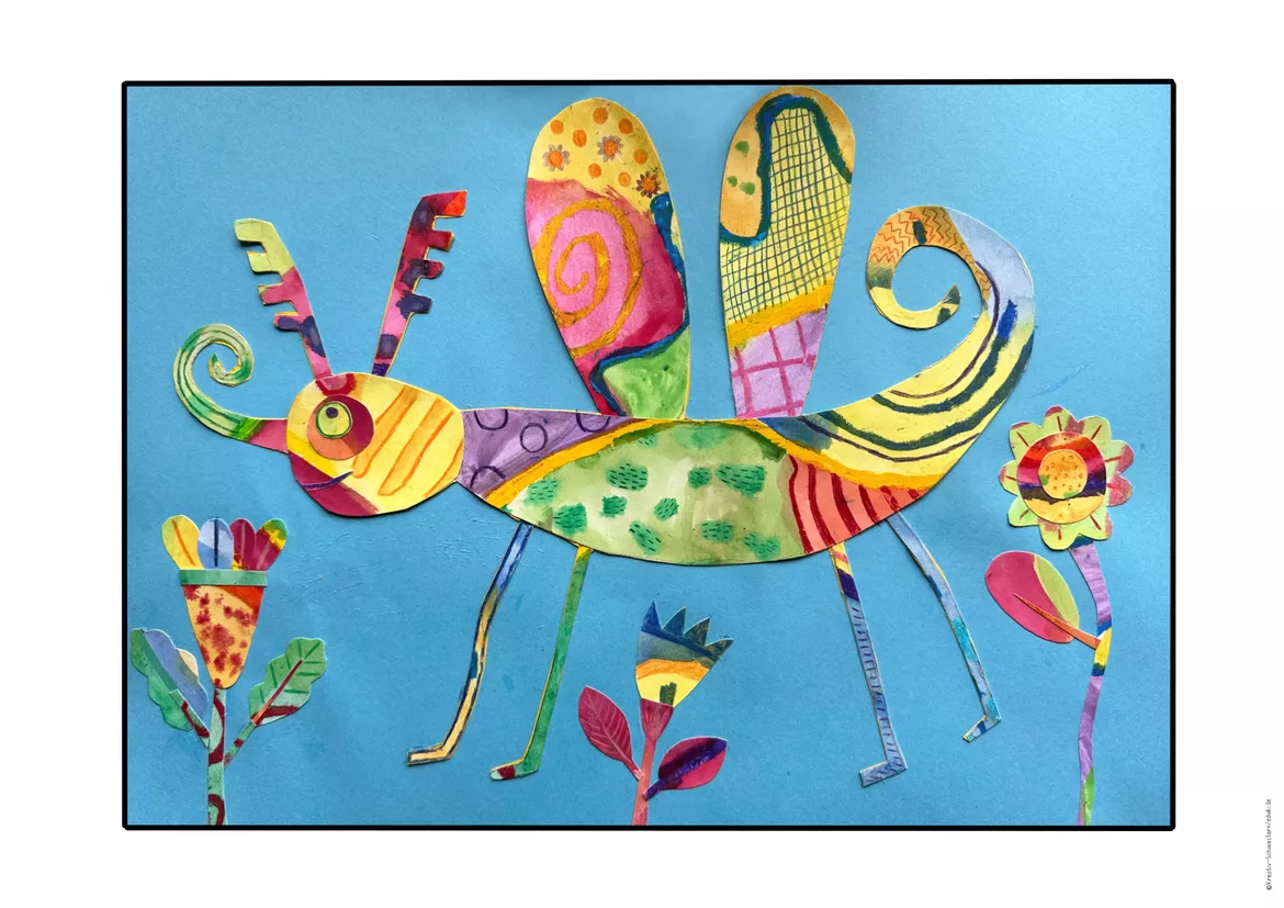Bild in der Beschreibung des Unterrichtsmaterials Fantasieinsekten, Collage-Technik im Kunstunterricht, Kunst Insekten von Kreativ-Schwestern #1
