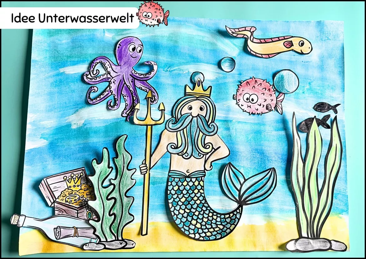 Bild in der Beschreibung des Unterrichtsmaterials Sommer Kunstunterricht, Unterwasserwelt Ausmalbilder, Bastelvorlagen Meerjungfrau, Fische, Pflanzen von LernTagebuch #1