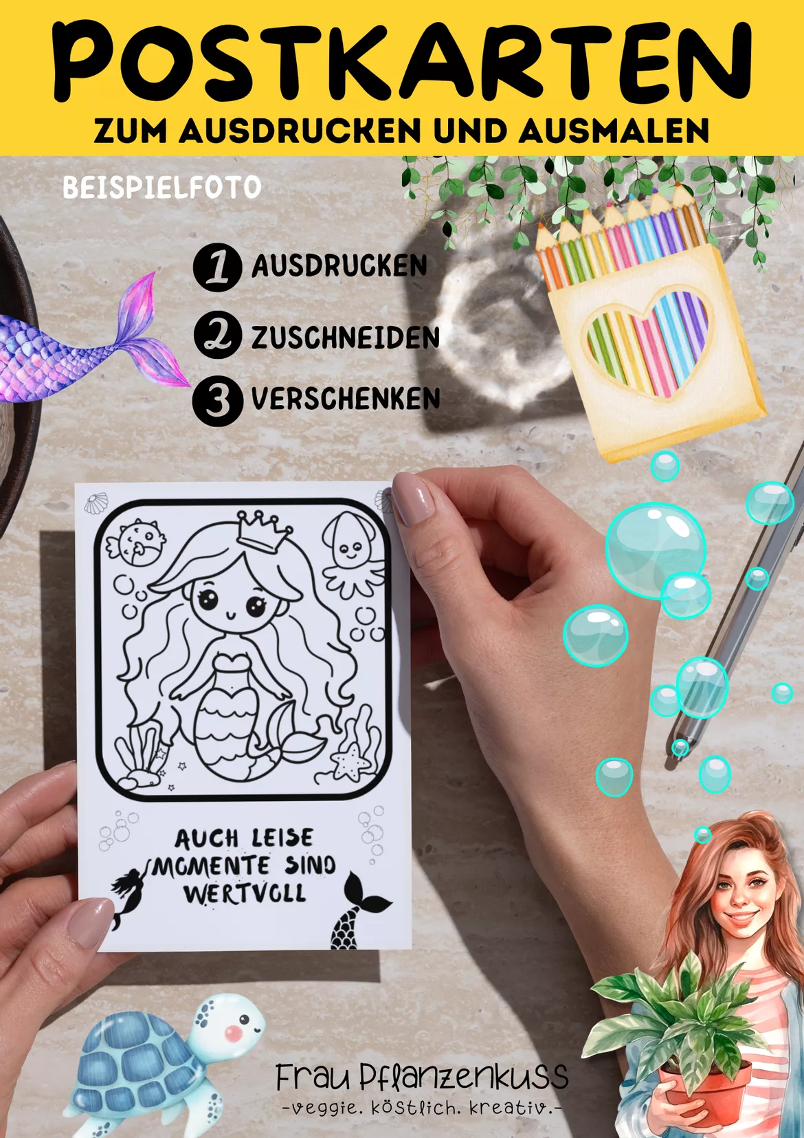 Bild in der Beschreibung des Unterrichtsmaterials Postkarten zum Ausmalen + Ausdrucken | Meerjungfrauen | Klasse 2 bis 5 von Frau Pflanzenkuss #1