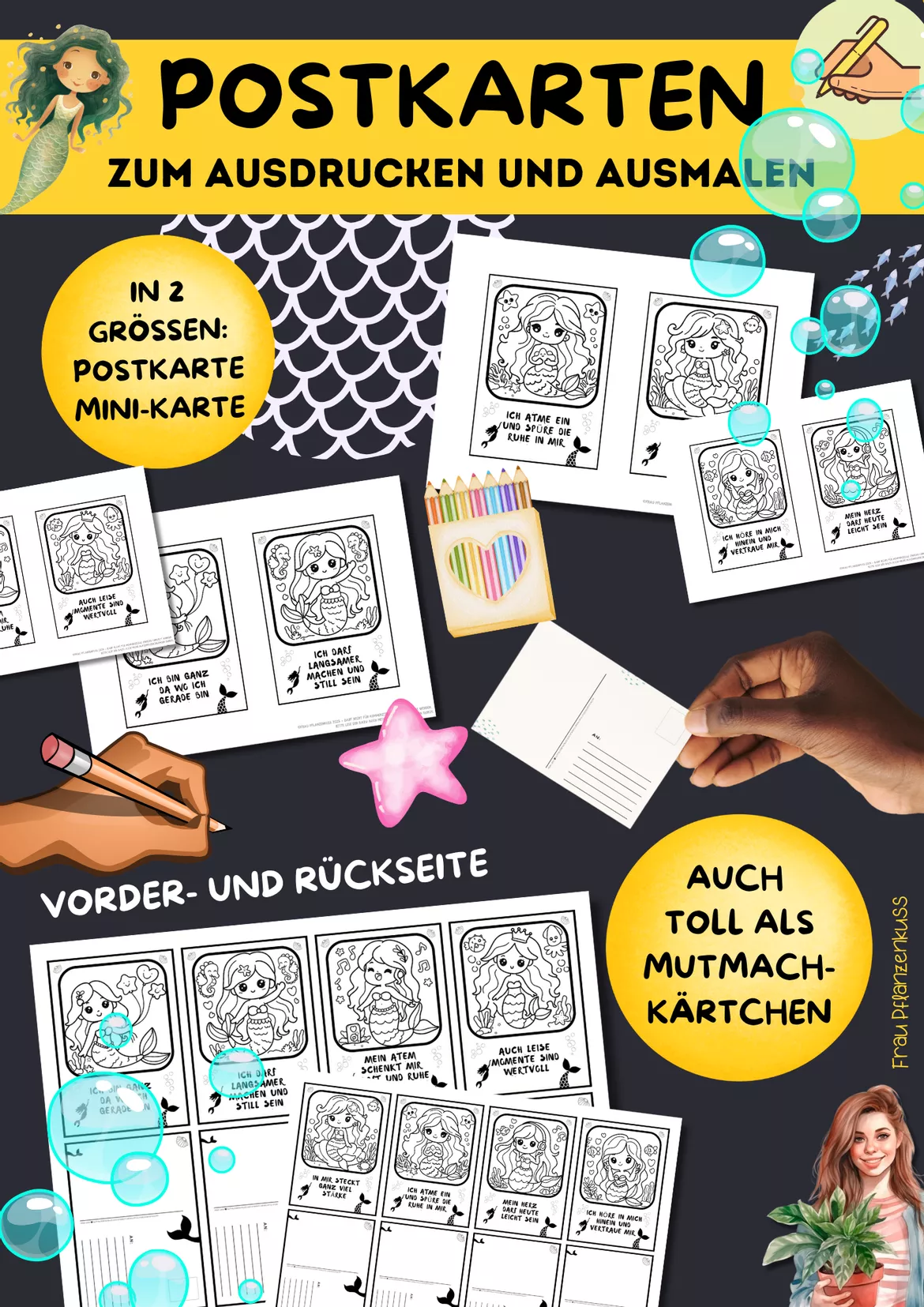 Bild in der Beschreibung des Unterrichtsmaterials Postkarten zum Ausmalen + Ausdrucken | Meerjungfrauen | Klasse 2 bis 5 von Frau Pflanzenkuss #3