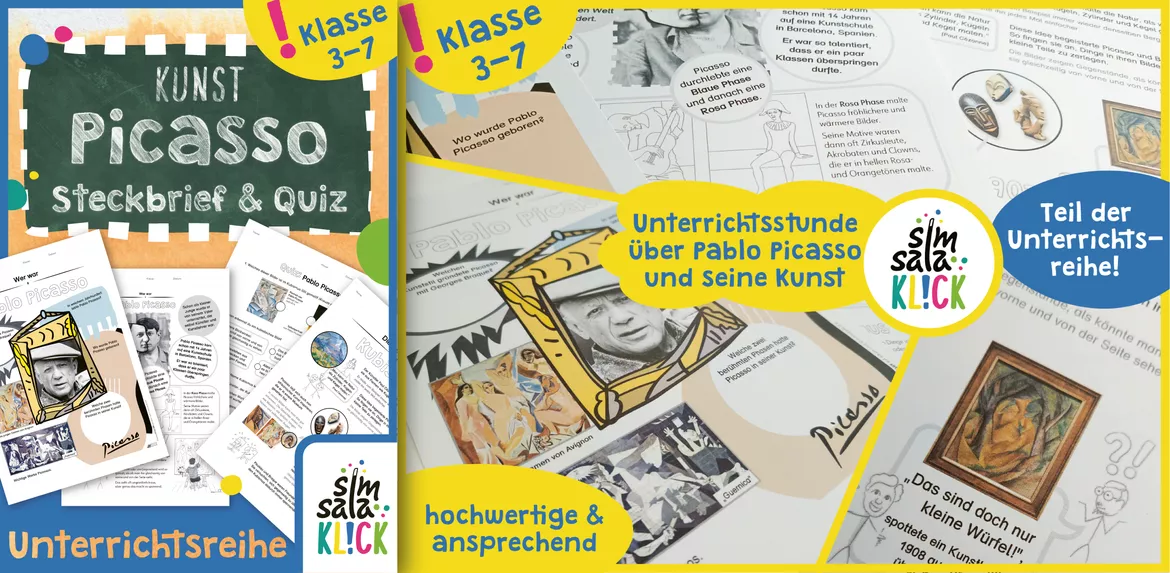 Bild in der Beschreibung des Unterrichtsmaterials wachsendes Materialpaket zum Thema Picasso *Unterrichtsreihe* von simsalaKLICK #3