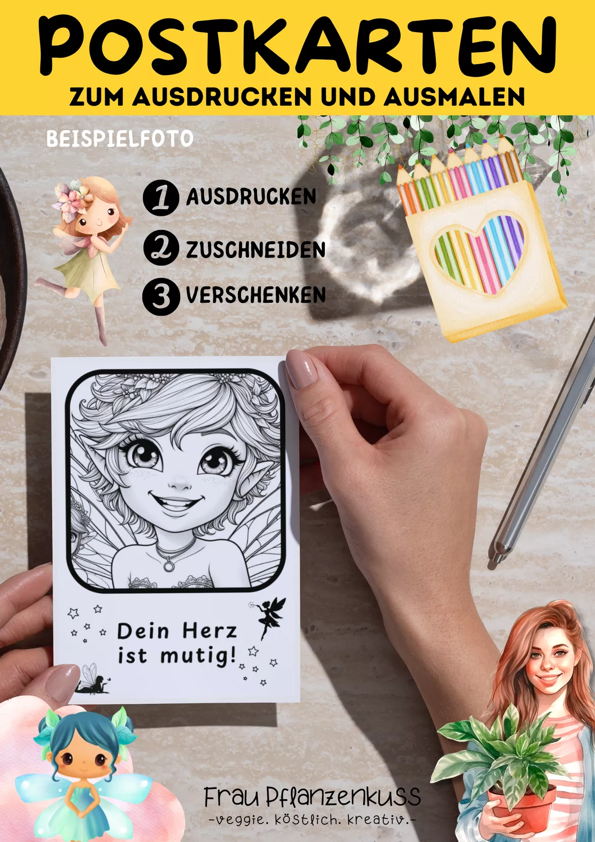Bild in der Beschreibung des Unterrichtsmaterials Postkarten zum Ausdrucken und Ausmalen mit Feen + Sprüche | Klasse 2 bis 6 von Frau Pflanzenkuss #3