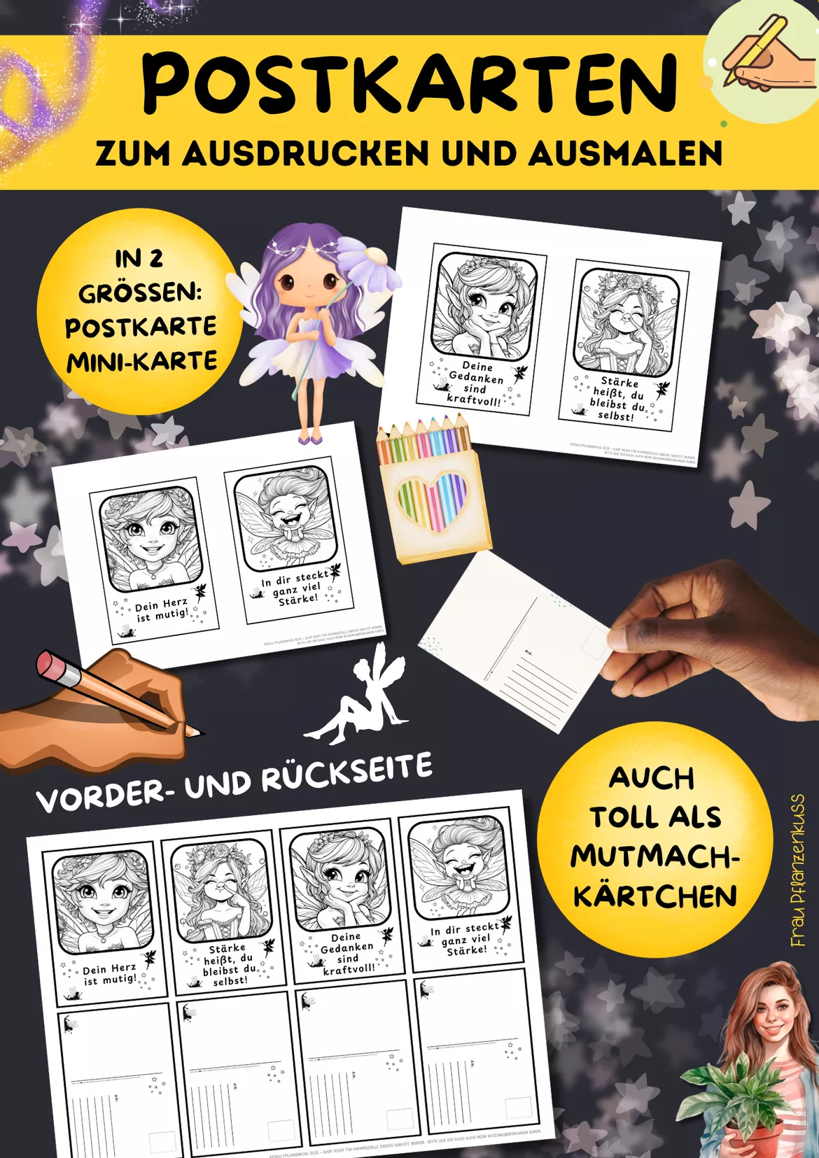 Bild in der Beschreibung des Unterrichtsmaterials Postkarten zum Ausdrucken und Ausmalen mit Feen + Sprüche | Klasse 2 bis 6 von Frau Pflanzenkuss #1