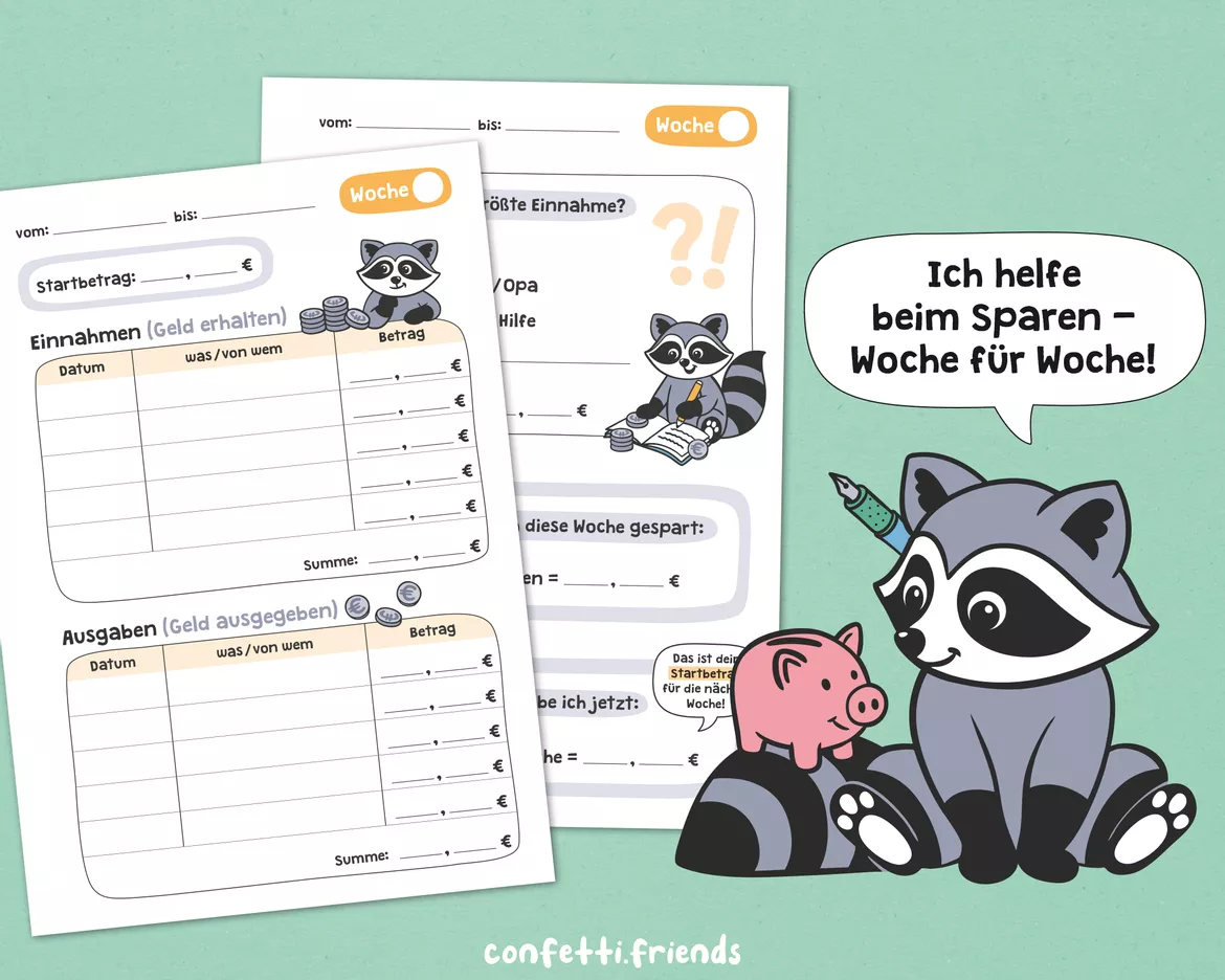 Bild in der Beschreibung des Unterrichtsmaterials Taschengeld-Planer mit Waschbär (8 Vorlagen) von confetti.friends #3