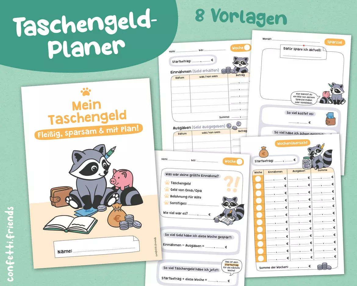 Bild in der Beschreibung des Unterrichtsmaterials Taschengeld-Planer mit Waschbär (8 Vorlagen) von confetti.friends #1