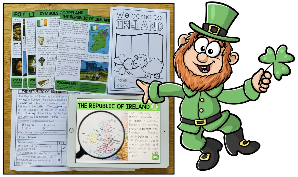 Bild in der Beschreibung des Unterrichtsmaterials Ireland Englisch Klasse 7, 8 – Irland, Landeskunde, Sehenswürdigkeiten, Irish Culture, Reading Comprehension, Wortschatz, Arbeitsblätter | Lernwerkstatt von Unterrichtmitspass #1