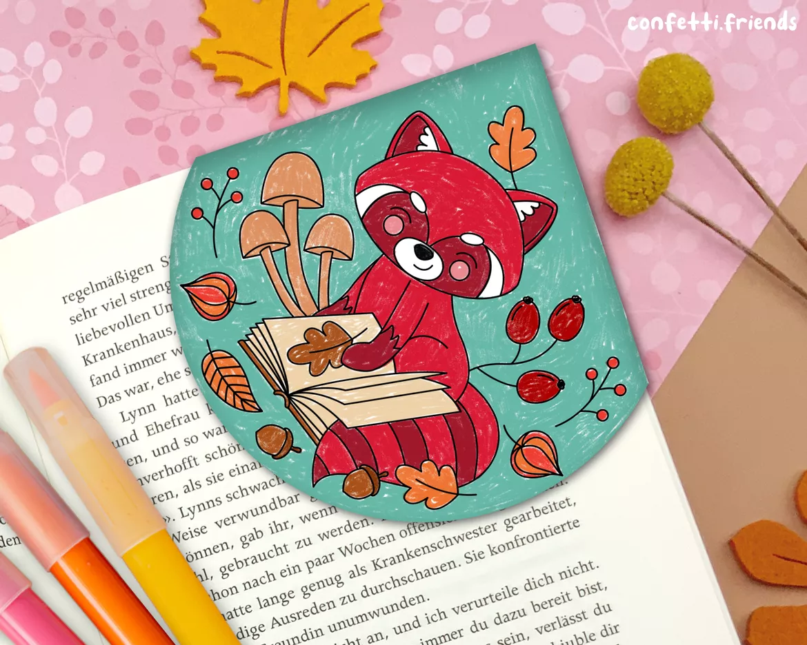 Bild in der Beschreibung des Unterrichtsmaterials Lesezeichen Ecke – roter Panda mit Herbstmotiven von confetti.friends #1