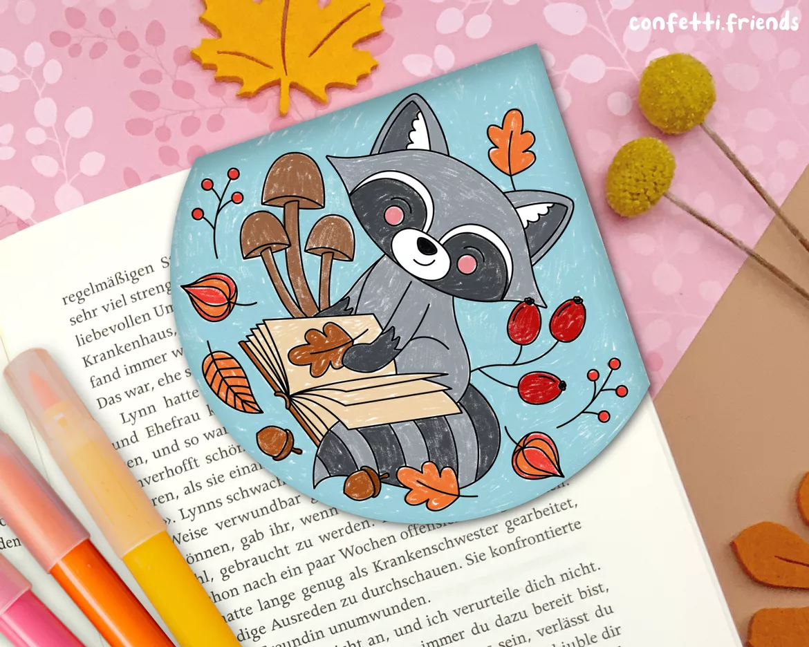 Bild in der Beschreibung des Unterrichtsmaterials Lesezeichen Ecke – Waschbär mit Herbstmotiven von confetti.friends #1