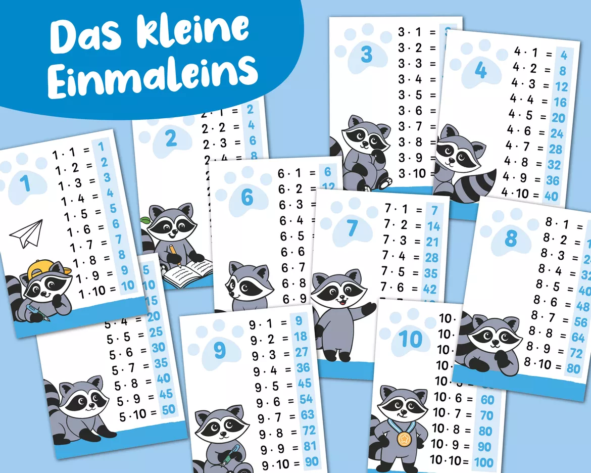 Bild in der Beschreibung des Unterrichtsmaterials 1x1 Lernkarten – Das kleine Einmaleins mit Waschbären von confetti.friends #1