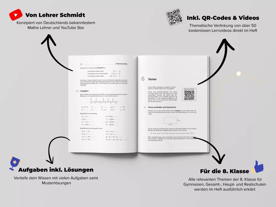 Bild in der Beschreibung des Unterrichtsmaterials Mathe 8. Klasse Lernheft | Lernvideos von Lehrer Schmidt von StudyHelp #1