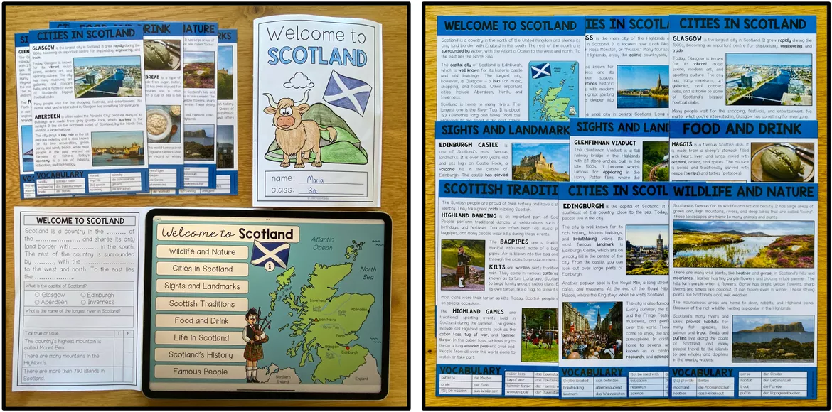 Bild in der Beschreibung des Unterrichtsmaterials Scotland Englisch Klasse 7, 8 – Schottland, Landeskunde, Sehenswürdigkeiten, Scottish Culture, Reading Comprehension, Wortschatz, Arbeitsblätter | Lernwerkstatt von Unterrichtmitspass #1