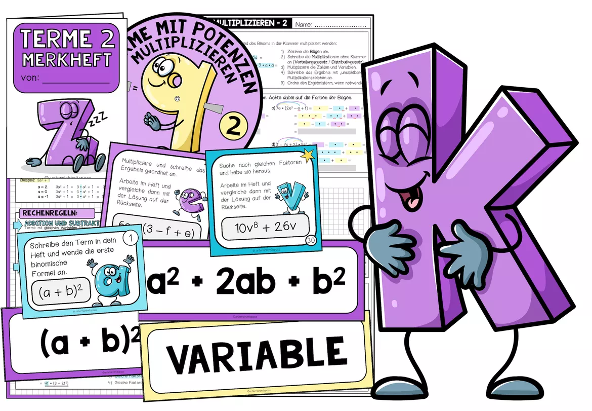 Bild in der Beschreibung des Unterrichtsmaterials Terme 7. Klasse, Terme Übungen, Terme vereinfachen, Terme umformen, Variablen, Klammern auflösen, Rechenregeln, algebraische Terme, Algebra Übungen, Mathe Arbeitsblätter, Mathematik Übungen | Materialpaket von Unterrichtmitspass #1