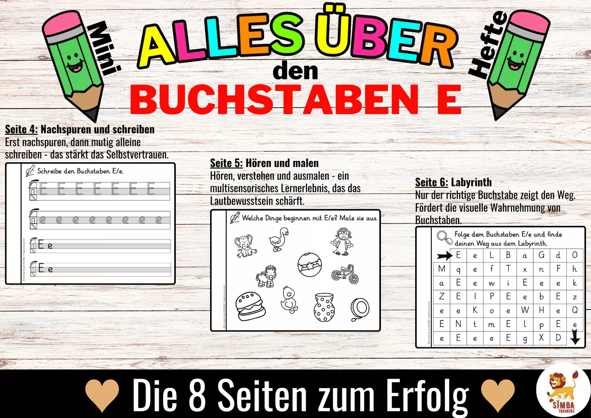 Bild in der Beschreibung des Unterrichtsmaterials Gratuito: Alles über den Buchstaben E Buchstabeneinführung - Heft (Grundschrift) | Tedesco von SIMBA Trainers Education #2