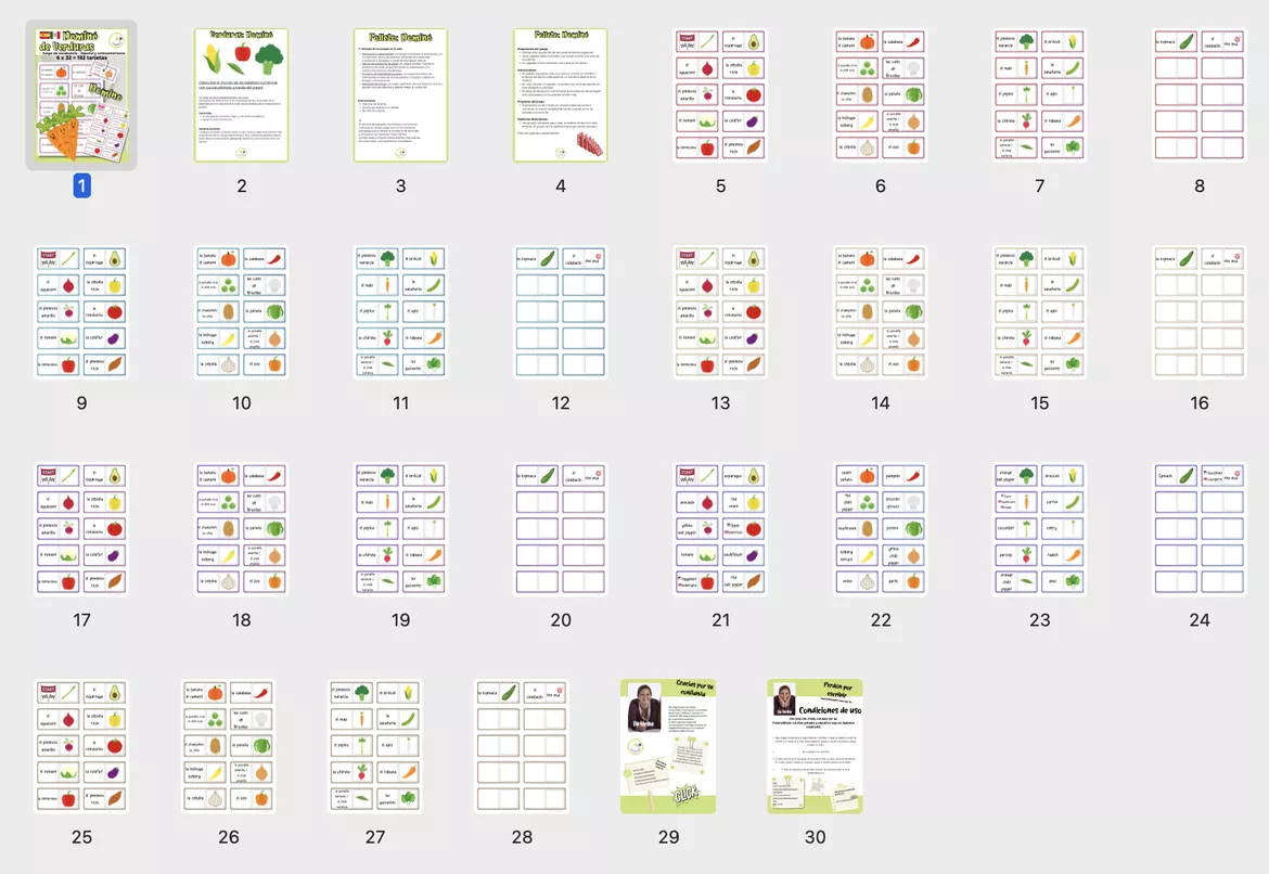 Bild in der Beschreibung des Unterrichtsmaterials Dominó de Verduras | Juego de vocabulario en español y latinoamericano von Lernfitness #1