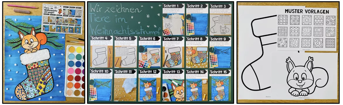 Bild in der Beschreibung des Unterrichtsmaterials Weihnachten – Tiere im Weihnachtsstrumpf gestalten | fertig geplante Kunststunde 3.–4. Klasse von Unterrichtmitspass #1