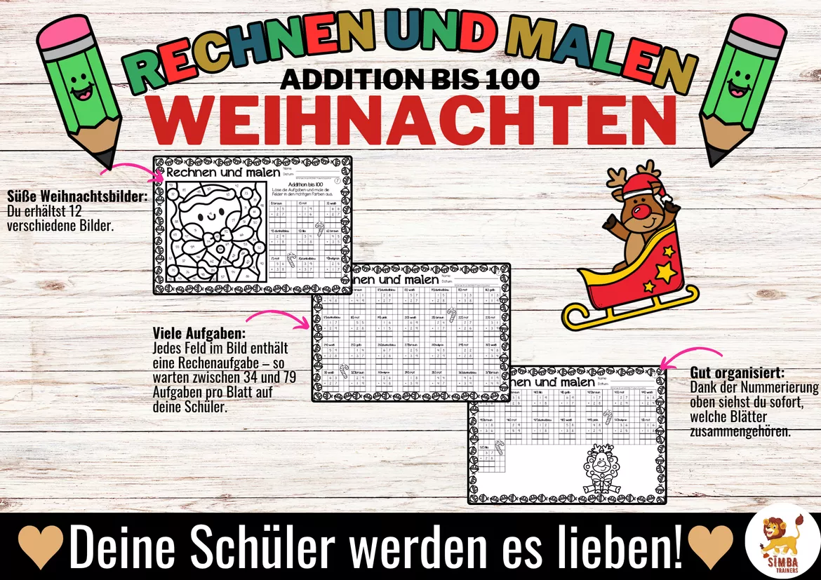 Bild in der Beschreibung des Unterrichtsmaterials Rechen-Mal-Blätter - Addition Zahlenraum bis 100 (Weihnachten) von SIMBA Trainers Education #1