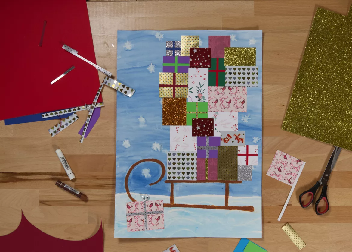 Bild in der Beschreibung des Unterrichtsmaterials Kunst Weihnachten, Schlitten mit Geschenken von Pinselpauker #1