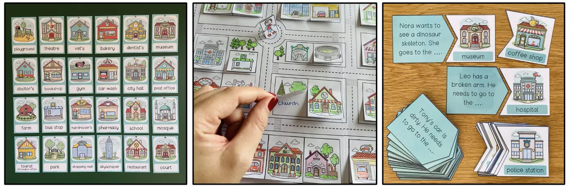 Bild in der Beschreibung des Unterrichtsmaterials Places in Town / Places in the City – Orte in der Stadt, Gebäude, Stadt, Englisch, Materialpaket, Vocabulary, Wortschatz, Vokabeln, Bildkarten, Picture Cards, Arbeitsblatt, Übungen | Englischunterricht, Klasse 2, 3, 4, Grundschule von Unterrichtmitspass #1
