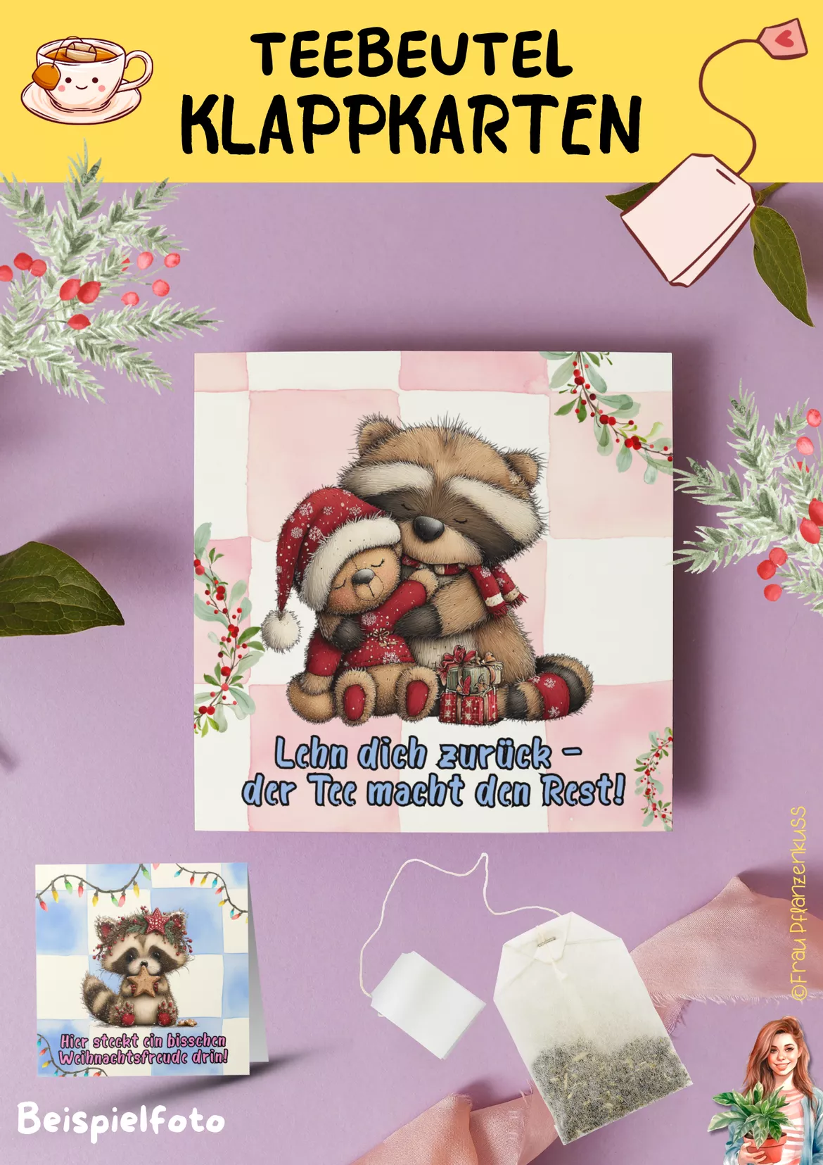 Bild in der Beschreibung des Unterrichtsmaterials Klappkarten für Teebeutel Waschbär Weihnachten | Klasse 1 bis 5 von Frau Pflanzenkuss #1