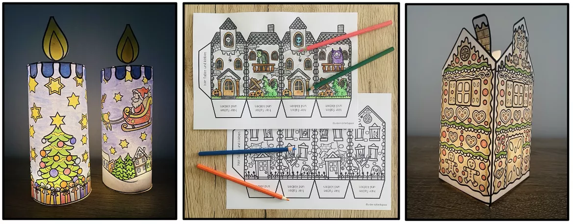 Bild in der Beschreibung des Unterrichtsmaterials Windlichter basteln Grundschule - Bastelvorlagen, Weihnachten, Winter, Herbst, Halloween, Neujahr, Kunstunterricht | Materialpaket von Unterrichtmitspass #1