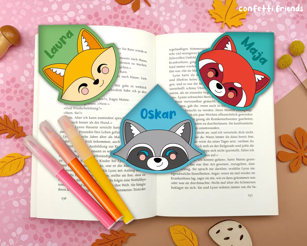 Bild in der Beschreibung des Unterrichtsmaterials Materialpaket Lesezeichen Ecken – Fuchs, Waschbär & roter Panda von confetti.friends #1