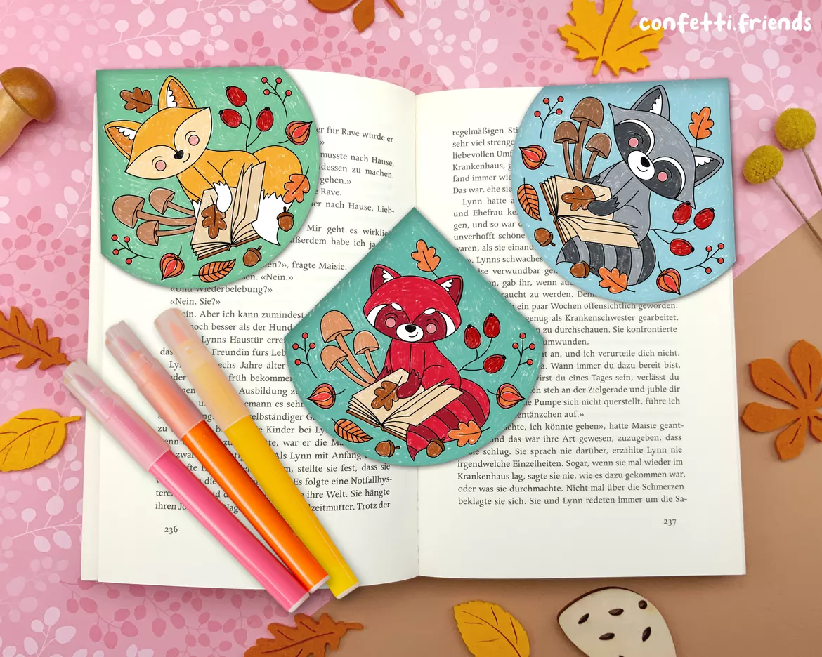 Bild in der Beschreibung des Unterrichtsmaterials Materialpaket Lesezeichen Ecken – Fuchs, Waschbär & roter Panda mit Herbstmotiven von confetti.friends #1