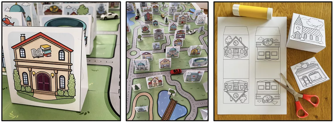 Bild in der Beschreibung des Unterrichtsmaterials Stadt basteln – Papierstadt mit Gebäuden und Stadtplan | Bastelvorlage für Unterricht und Grundschule von Unterrichtmitspass #1