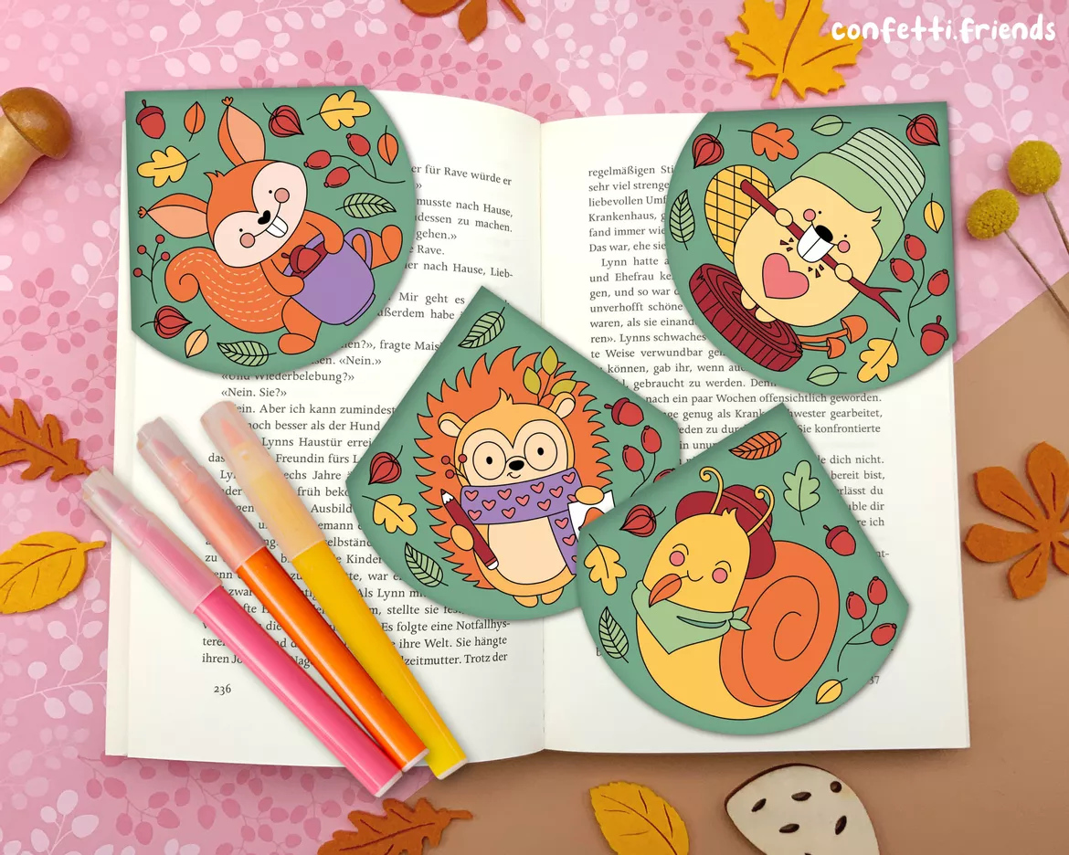 Bild in der Beschreibung des Unterrichtsmaterials Materialpaket Lesezeichen Ecken – Biber, Igel, Schnecke und Eichhörnchen von confetti.friends #2