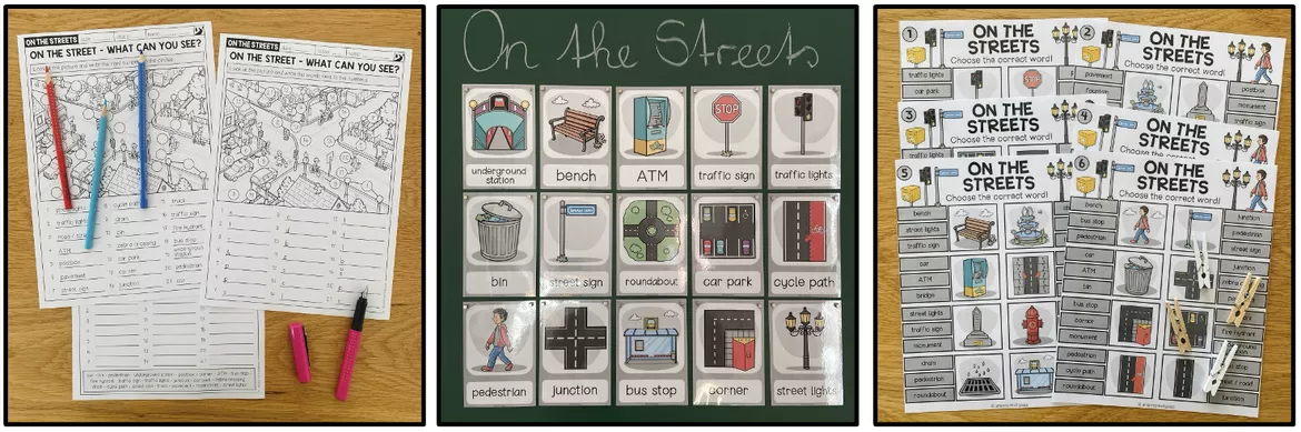 Bild in der Beschreibung des Unterrichtsmaterials Verkehr / Street / Transportation Englisch – Fahrzeuge, Straßenverkehr, Street, Englisch, Materialpaket, Vocabulary, Wortschatz, Vokabeln, Bildkarten, Picture Cards, Arbeitsblatt, Übungen | On the Streets, Englischunterricht, Klasse 2, 3, 4, Grundschule von Unterrichtmitspass #1