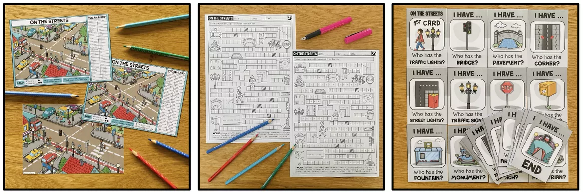 Bild in der Beschreibung des Unterrichtsmaterials Verkehr / Street / Transportation Englisch – Fahrzeuge, Straßenverkehr, Street, Englisch, Materialpaket, Vocabulary, Wortschatz, Vokabeln, Bildkarten, Picture Cards, Arbeitsblatt, Übungen | On the Streets, Englischunterricht, Klasse 2, 3, 4, Grundschule von Unterrichtmitspass #3