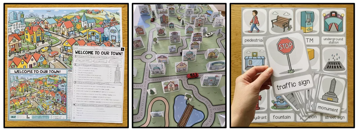 Bild in der Beschreibung des Unterrichtsmaterials Town / Stadt – Englisch, Materialpaket, Vocabulary, Wortschatz, Vokabeln, Bildkarten, Picture Cards, Arbeitsblatt, Übungen | Englischunterricht, Klasse 3, 4, 5, Grundschule von Unterrichtmitspass #1