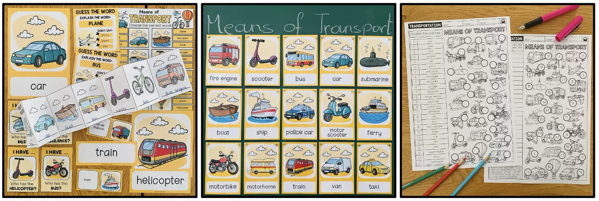 Bild in der Beschreibung des Unterrichtsmaterials Transportation / Means of Transport / Means of Transportation – Verkehrsmittel, Fahrzeuge, Transportation, Englisch, Materialpaket, Vocabulary, Wortschatz, Bildkarten, Picture Cards, Übungen | Englischunterricht, Klasse 2, 3, 4, Grundschule von Unterrichtmitspass #1