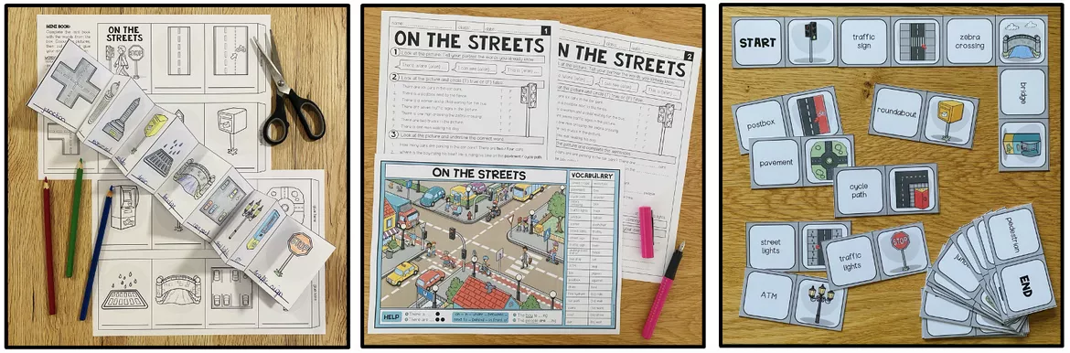 Bild in der Beschreibung des Unterrichtsmaterials Verkehr / Street / Transportation Englisch – Fahrzeuge, Straßenverkehr, Street, Englisch, Materialpaket, Vocabulary, Wortschatz, Vokabeln, Bildkarten, Picture Cards, Arbeitsblatt, Übungen | On the Streets, Englischunterricht, Klasse 2, 3, 4, Grundschule von Unterrichtmitspass #2