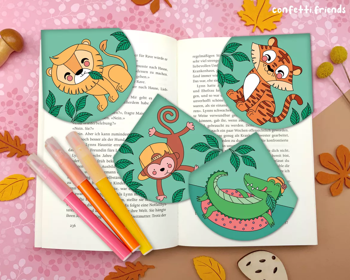 Bild in der Beschreibung des Unterrichtsmaterials Materialpaket Lesezeichen Ecken – Tiger, Löwe, Affe, Krokodil von confetti.friends #1