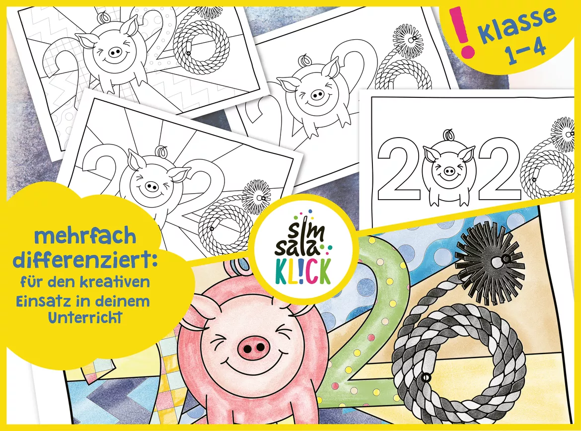Bild in der Beschreibung des Unterrichtsmaterials KUNST Silvester Grundschule – Ausmalbild für Neujahr 2026 von simsalaKLICK #2