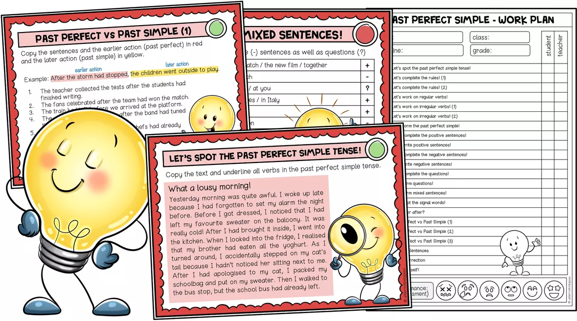 Bild in der Beschreibung des Unterrichtsmaterials Past Perfect Lerncenter, Lerntheke Englisch, Past Perfect Simple Übungen, Grammatik Stationenlernen, had + Past Participle, English Tenses, Lernstationen | Englisch Grammatik selbstständig üben und festigen, 7., 8. Klasse von Unterrichtmitspass #1