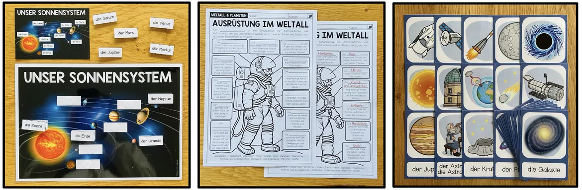 Bild in der Beschreibung des Unterrichtsmaterials Weltall, Planeten, Sonnensystem, Weltraum, Sonne, Erde, Mond, Sachunterricht, Naturwissenschaften, Arbeitsblätter, Lernkarten, Übungen, Freiarbeit, Stationenlernen | Materialpaket von Unterrichtmitspass #2