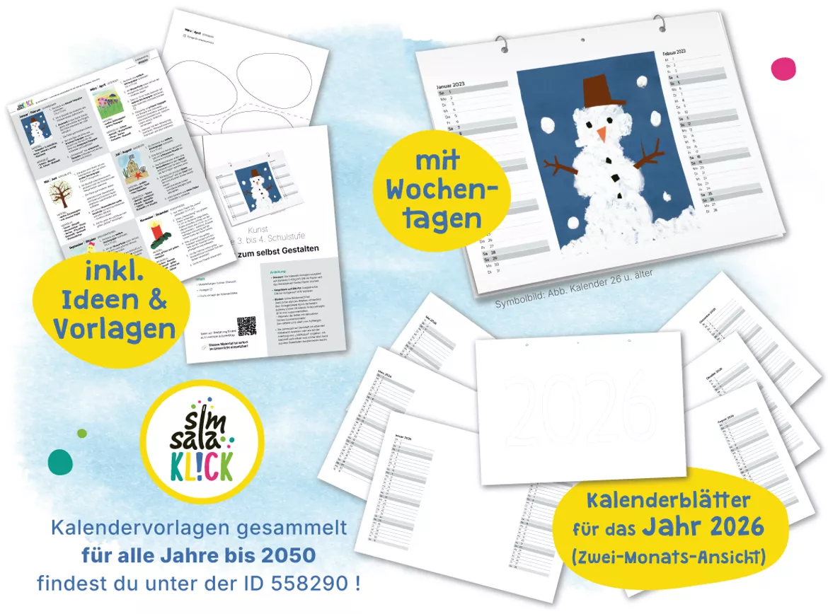 Bild in der Beschreibung des Unterrichtsmaterials * 2026 * Kalender basteln: zum Selbstgestalten inkl. Ideen | KUNST Grundschule (A4 quer) von simsalaKLICK #1