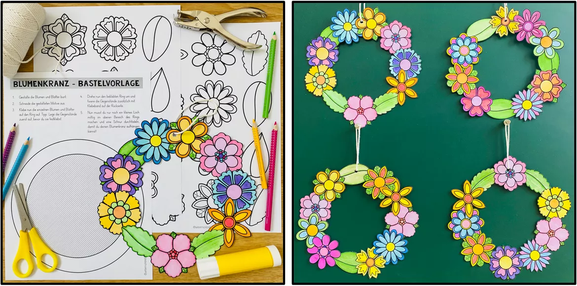 Bild in der Beschreibung des Unterrichtsmaterials Frühling basteln – Blumenkränze und Frühlingsdeko | Bastelvorlagen Grundschule von Unterrichtmitspass #1