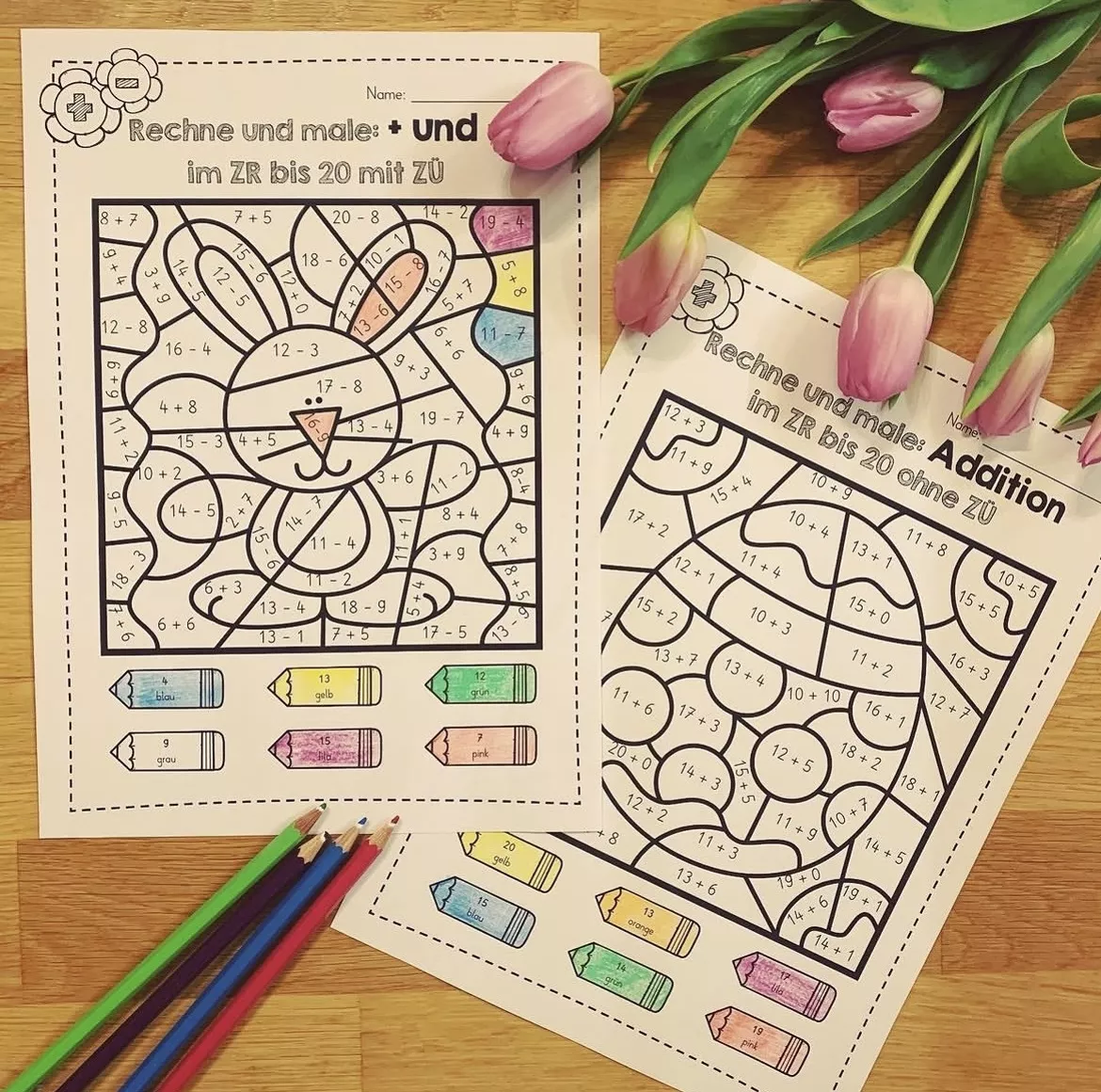 Bild in der Beschreibung des Unterrichtsmaterials Rechenmalblätter Ostern Klasse 1 – Mathe ZR 20 (Addition & Subtraktion mit/ohne Zehnerübergang) von allerlei_fuer_die_schule #1