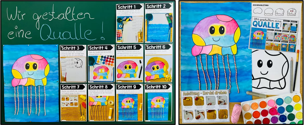 Bild in der Beschreibung des Unterrichtsmaterials Qualle im Meer gestalten – Zeichnen, Malen und Basteln | fertig geplante Kunststunde 4.–5. Klasse von Unterrichtmitspass #2