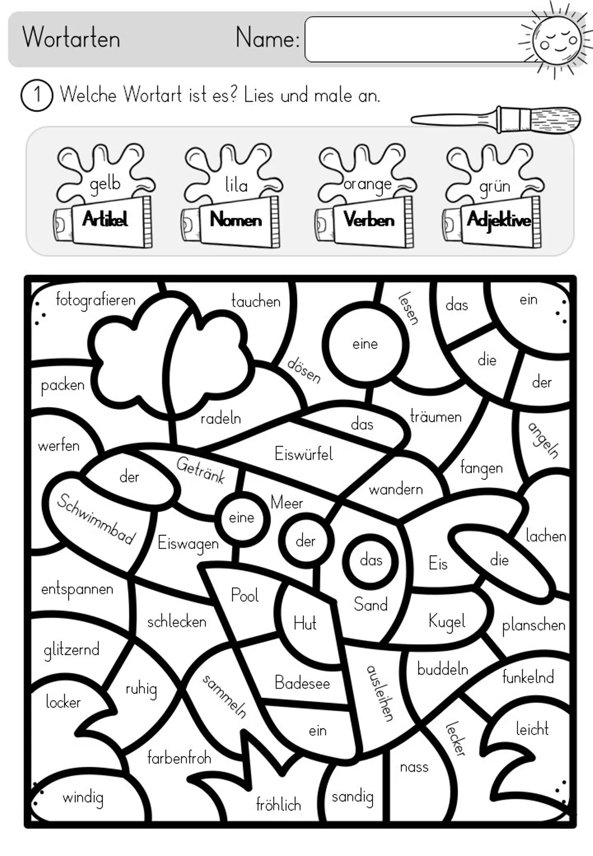 Bild in der Beschreibung des Unterrichtsmaterials Sommer - Wortarten - Lesen & Malen mit Lösungen - Artikel, Nomen, Verben, Adjektive von Odd Bird & Company #2