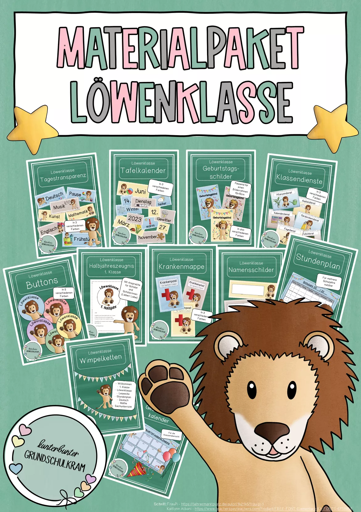 Bild in der Beschreibung des Unterrichtsmaterials Clipart Set Löwe – Klassentier Löwenklasse Grundschule | 14 PNG Cliparts (Farbe & Schwarz-Weiß) | Privater Gebrauch von kunterbunter_Grundschulkram #1